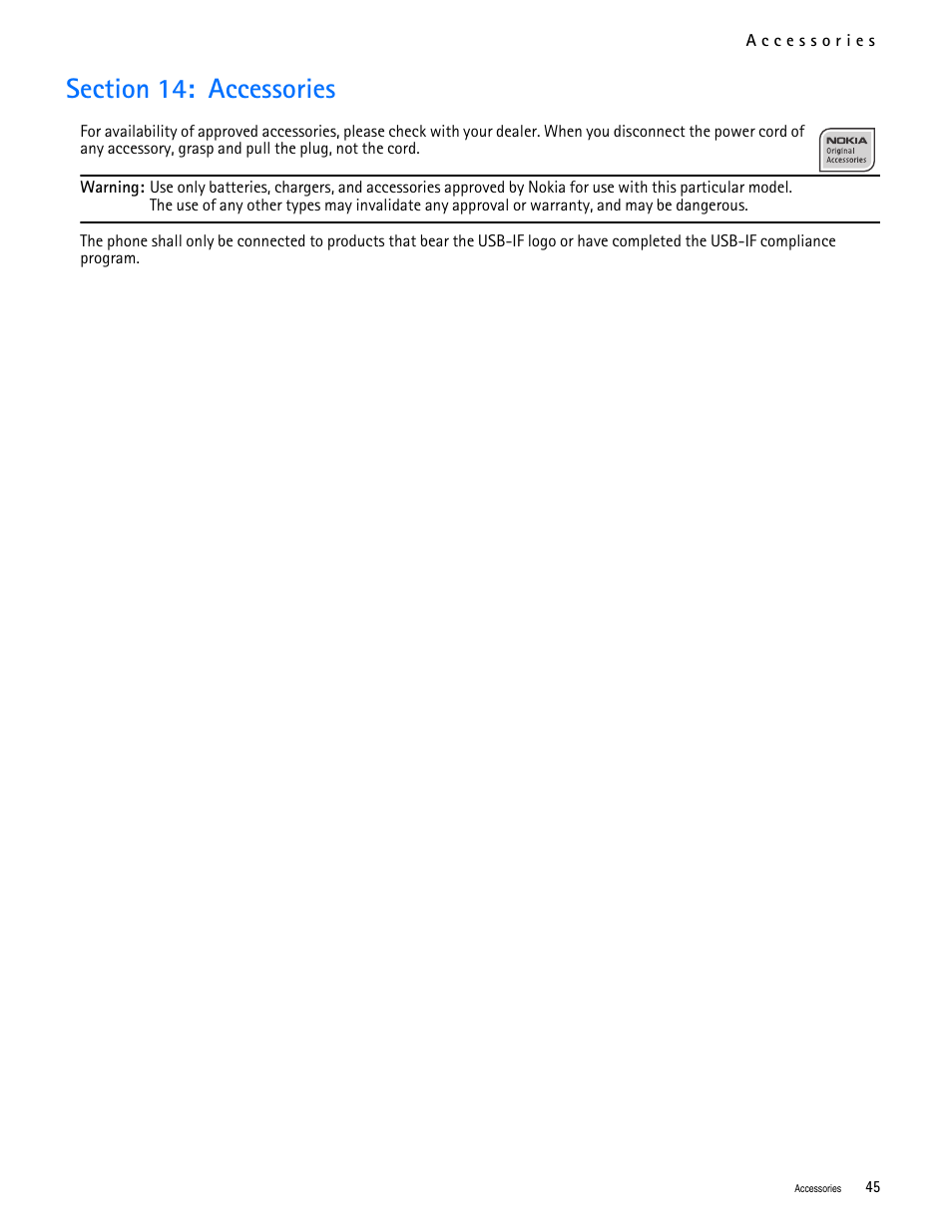 Title - section 14: accessories, Section 14: accessories | Nokia 2705 classic User Manual | Page 46 / 108