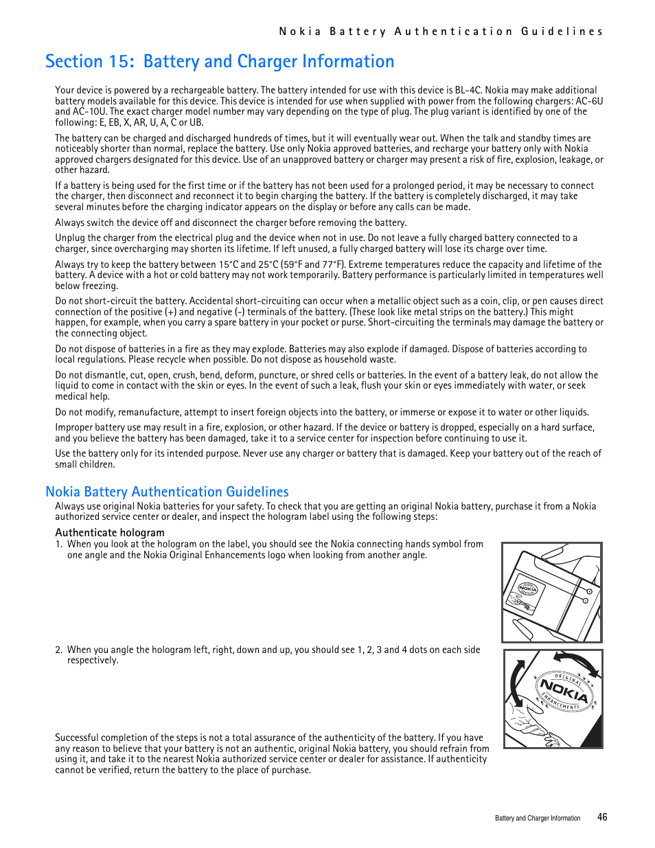 Title - nokia battery authentication guidelines, Section 15: battery and charger information, Nokia battery authentication guidelines | Nokia 2705 classic User Manual | Page 47 / 108