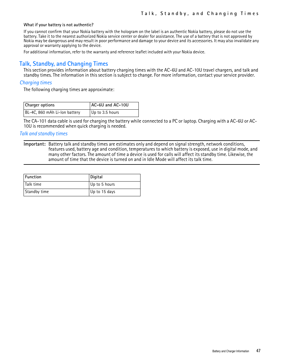 Title - talk, standby, and changing times, Title - charging times, Title - talk and standby times | Talk, standby, and changing times | Nokia 2705 classic User Manual | Page 48 / 108
