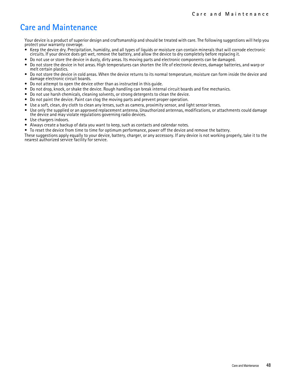 Title - care and maintenance, Care and maintenance | Nokia 2705 classic User Manual | Page 49 / 108