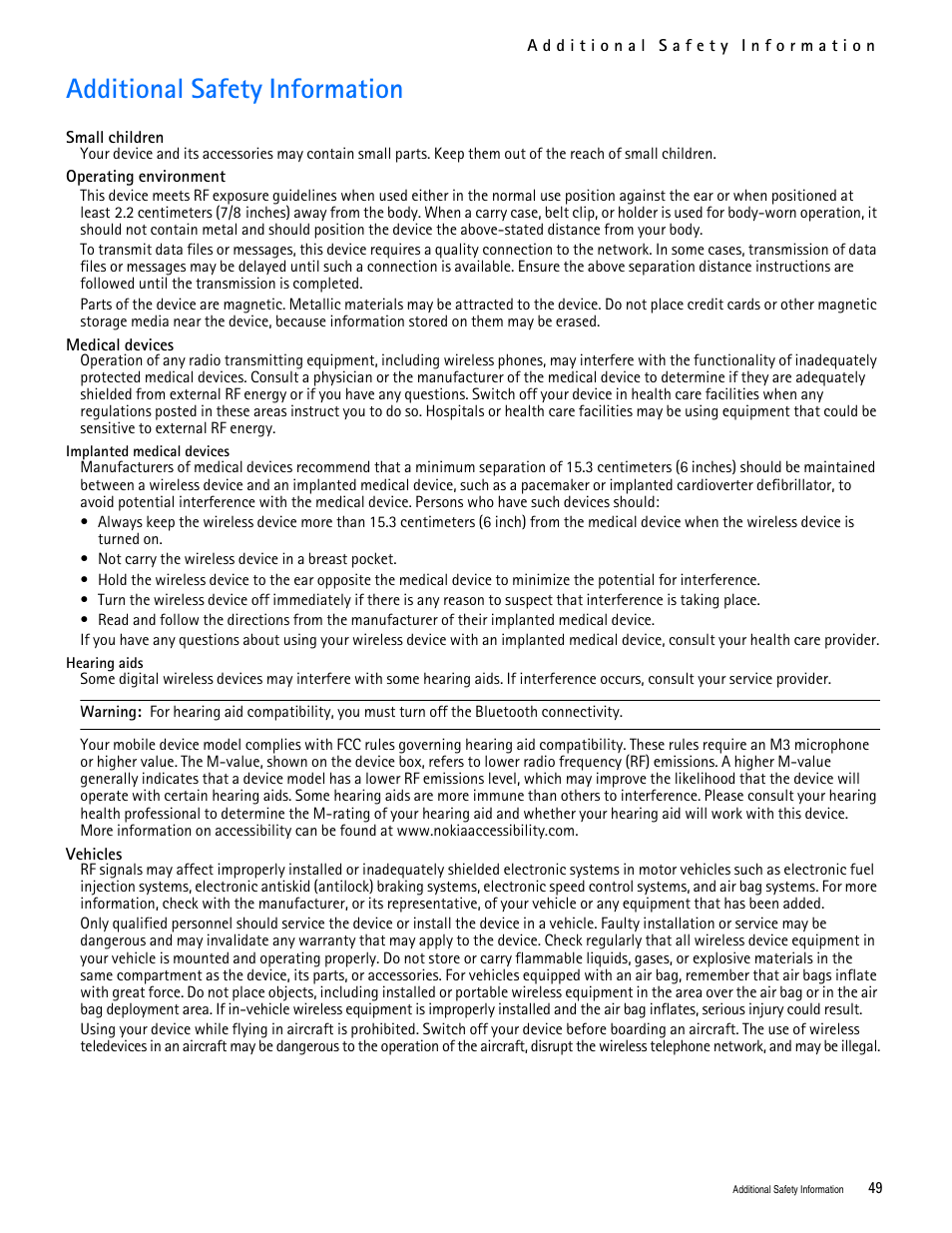 Title - additional safety information, Additional safety information | Nokia 2705 classic User Manual | Page 50 / 108