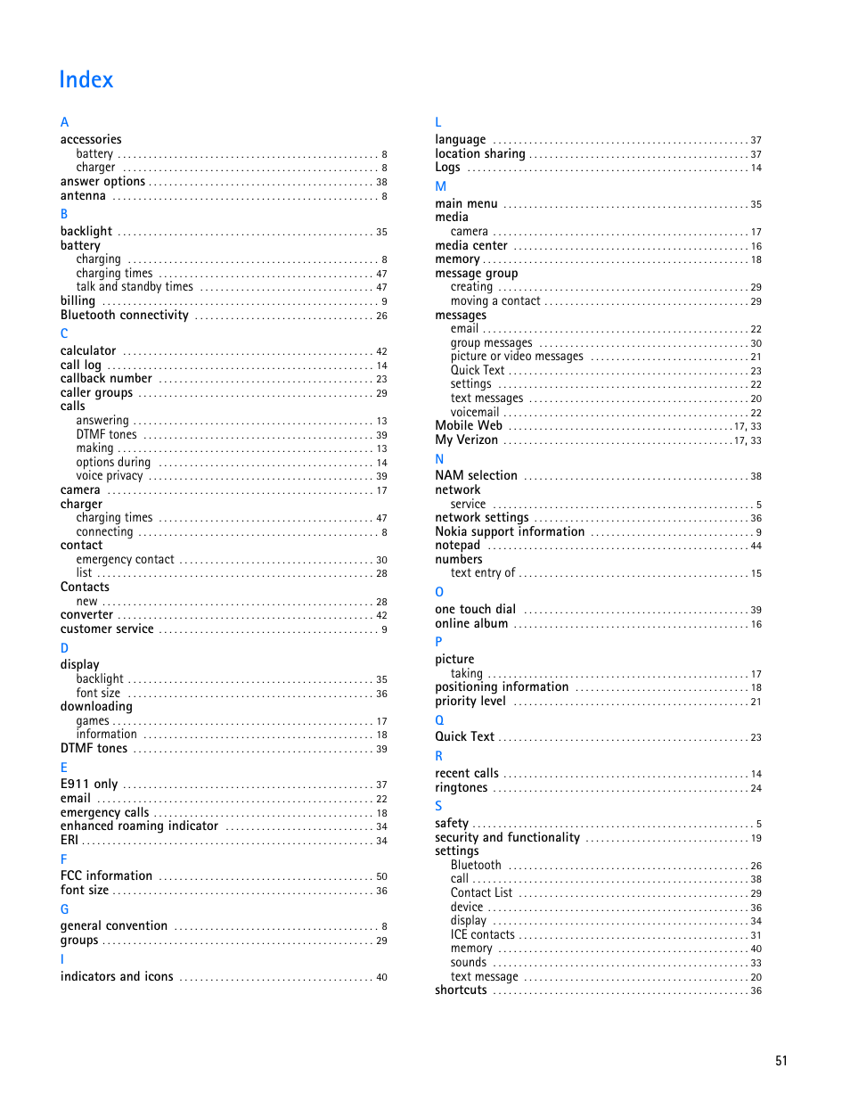 Title - index, Index | Nokia 2705 classic User Manual | Page 52 / 108