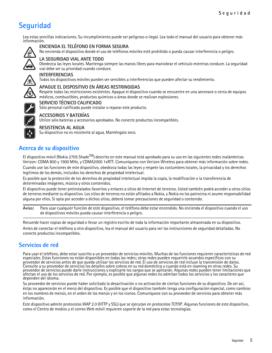 Title - seguridad, Seguridad, Acerca de su dispositivo | Servicios de red | Nokia 2705 classic User Manual | Page 59 / 108