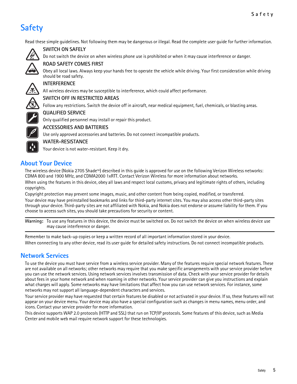Title - safety, Safety, About your device | Network services | Nokia 2705 classic User Manual | Page 6 / 108