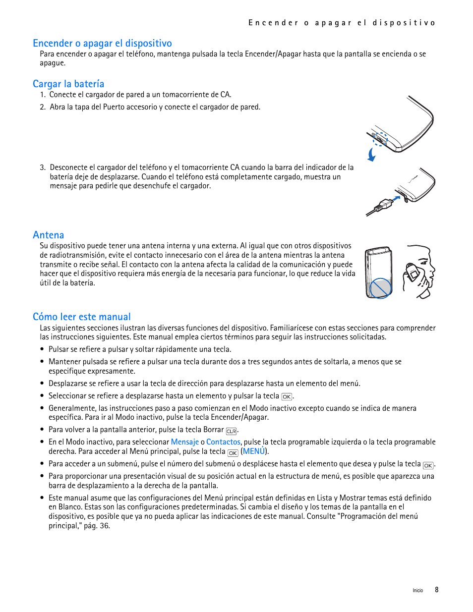 Title - encender o apagar el dispositivo, Title - cargar la batería, Title - antena | Title - cómo leer este manual, Encender o apagar el dispositivo, Cargar la batería, Antena, Cómo leer este manual | Nokia 2705 classic User Manual | Page 62 / 108