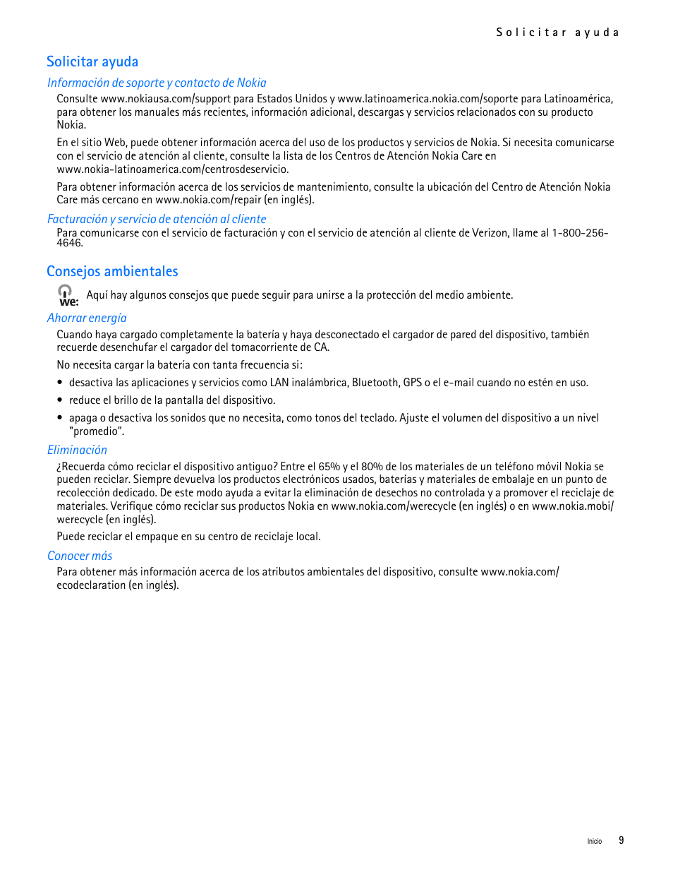 Title - solicitar ayuda, Title - información de soporte y contacto de nokia, Title - consejos ambientales | Title - ahorrar energía, Title - eliminación, Title - conocer más, Solicitar ayuda consejos ambientales, Solicitar ayuda, Consejos ambientales | Nokia 2705 classic User Manual | Page 63 / 108