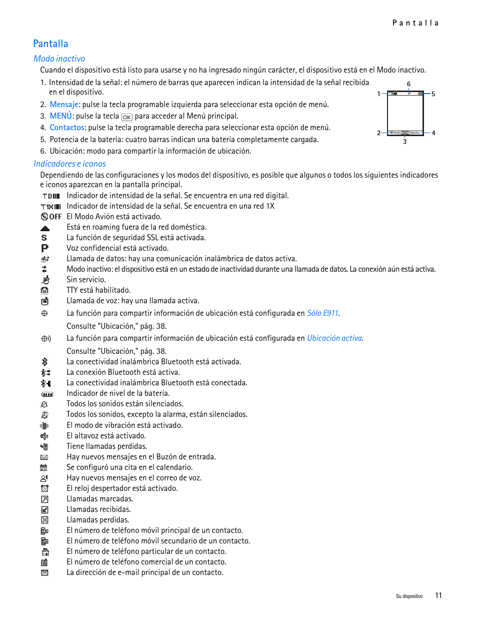 Title - pantalla, Title - modo inactivo, Title - indicadores e iconos | Pantalla | Nokia 2705 classic User Manual | Page 65 / 108