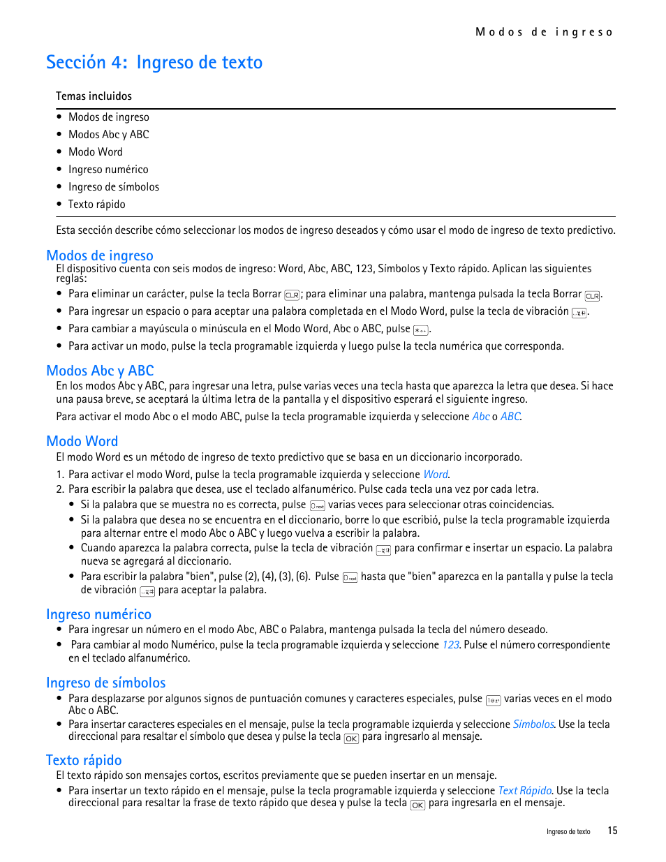 Title - sección 4: ingreso de texto, Title - modos de ingreso, Title - modos abc y abc | Title - modo word, Title - ingreso numérico, Title - ingreso de símbolos, Title - texto rápido, Sección 4: ingreso de texto, Modos de ingreso, Modos abc y abc | Nokia 2705 classic User Manual | Page 69 / 108