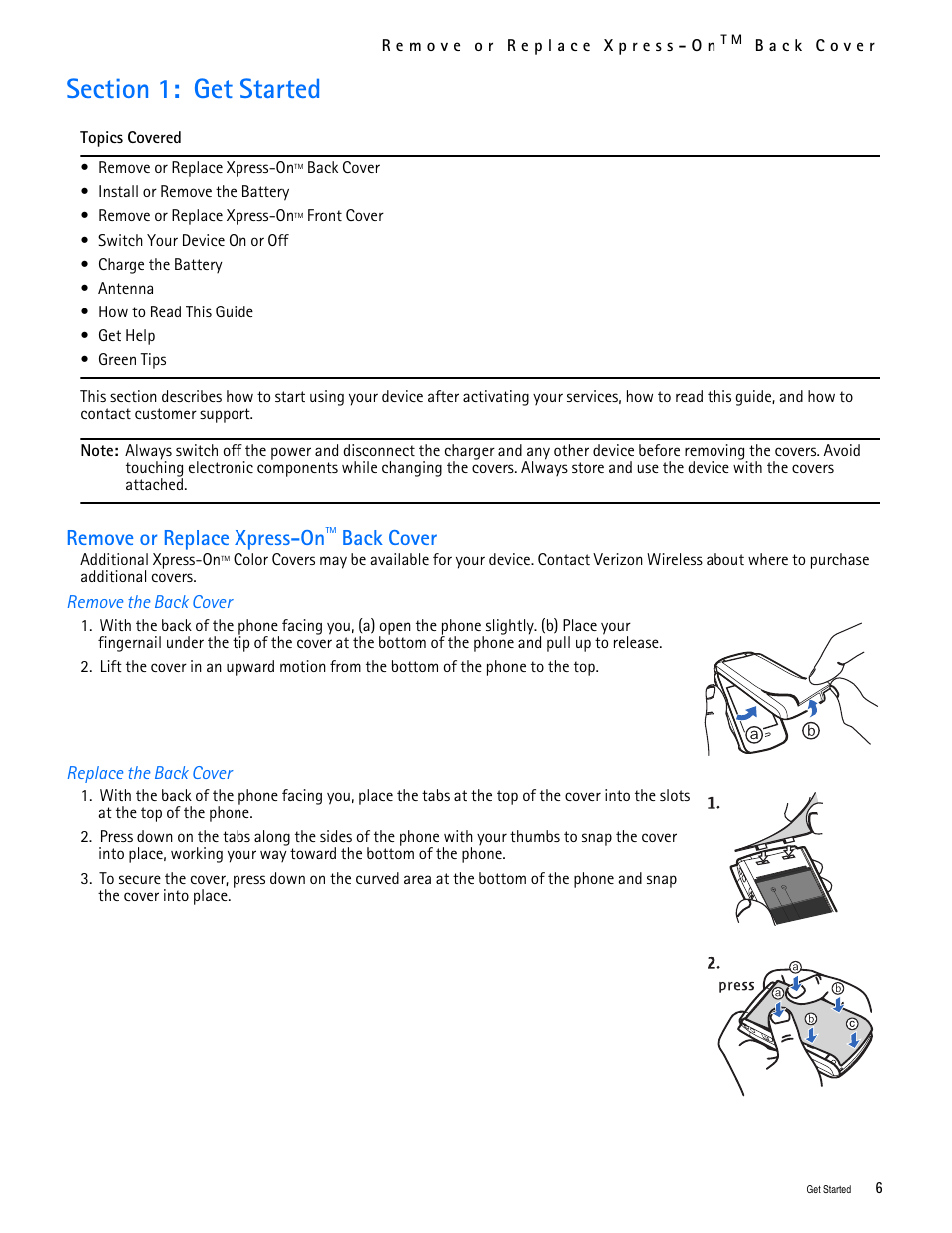 Title - section 1: get started, Title - remove or replace xpress-ontm back cover, Title - remove the back cover | Title - replace the back cover, Section 1: get started, Remove or replace xpress-on, Back cover | Nokia 2705 classic User Manual | Page 7 / 108