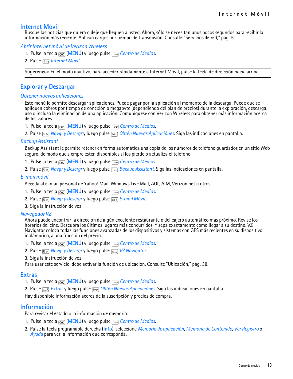 Title - internet móvil, Title - abrir internet móvil de verizon wireless, Title - explorar y descargar | Title - obtener nuevas aplicaciones, Title - backup assistant, Title - e-mail móvil, Title - navegador vz, Title - extras, Title - información, Internet móvil | Nokia 2705 classic User Manual | Page 72 / 108