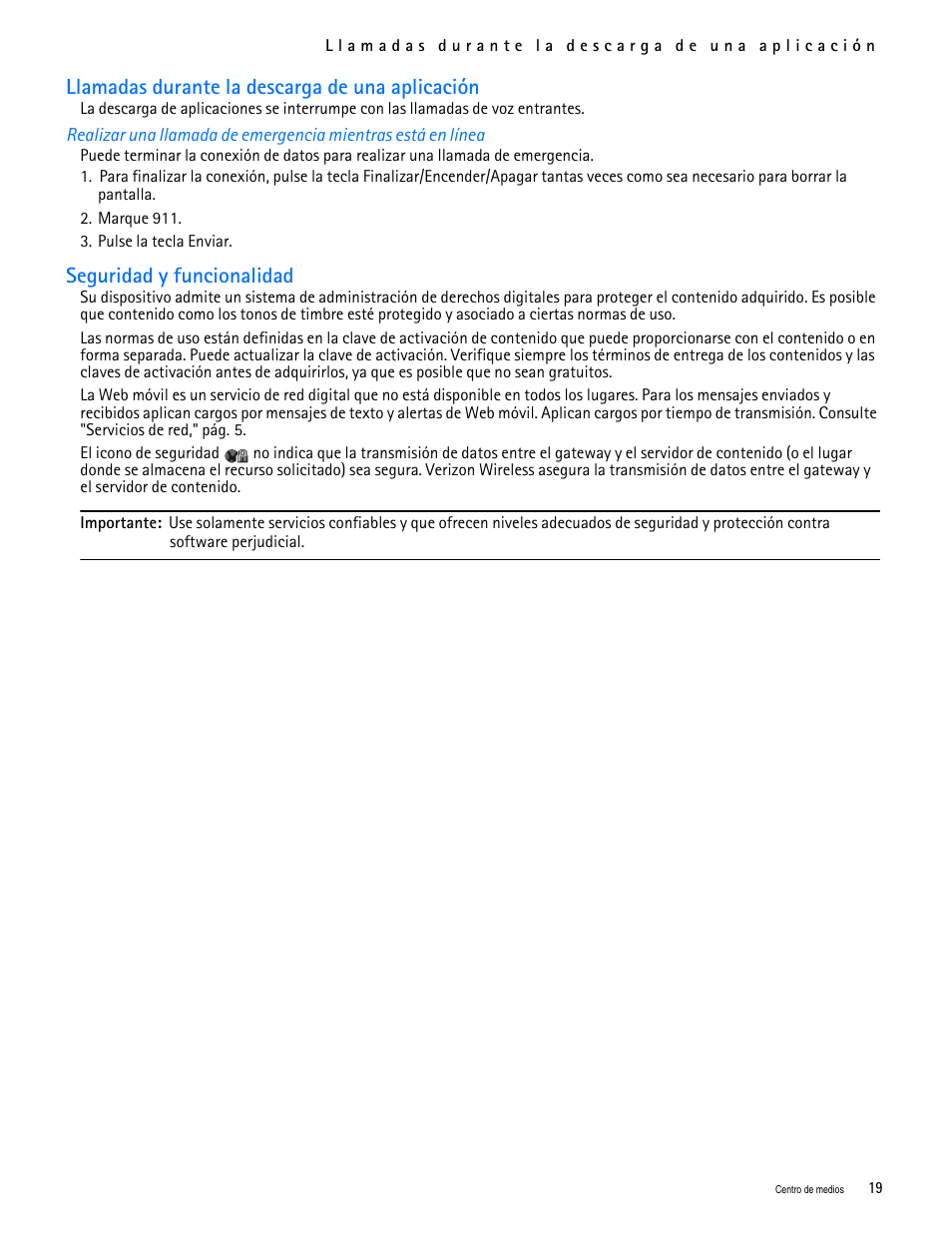Title - seguridad y funcionalidad, Llamadas durante la descarga de una aplicación, Seguridad y funcionalidad | Nokia 2705 classic User Manual | Page 73 / 108