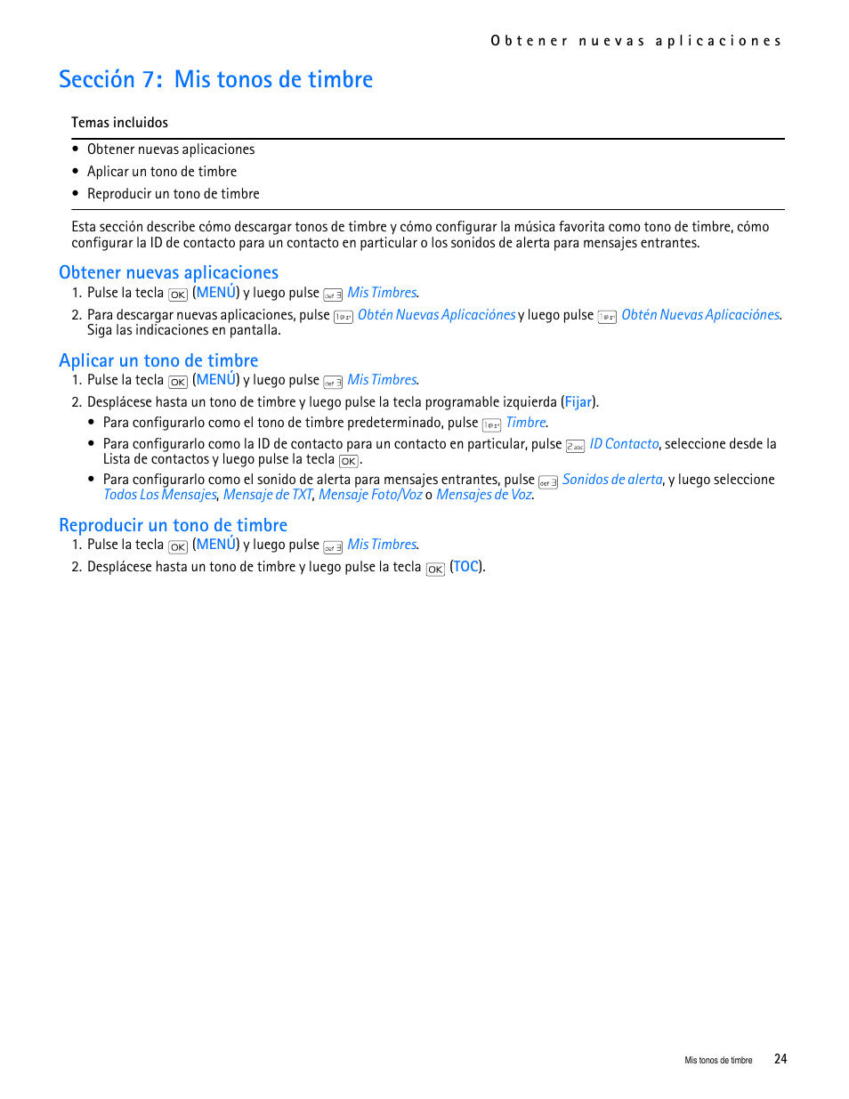 Title - sección 7: mis tonos de timbre, Title - obtener nuevas aplicaciones, Title - aplicar un tono de timbre | Title - reproducir un tono de timbre, Sección 7: mis tonos de timbre, Obtener nuevas aplicaciones, Aplicar un tono de timbre, Reproducir un tono de timbre | Nokia 2705 classic User Manual | Page 78 / 108