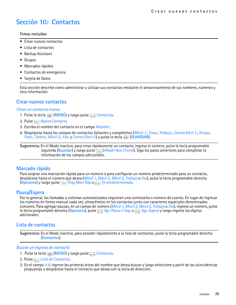 Title - sección 10: contactos, Title - crear nuevos contactos, Title - crear un contacto nuevo | Title - lista de contactos, Title - buscar un ingreso de contacto, Sección 10: contactos, Crear nuevos contactos lista de contactos, Crear nuevos contactos, Marcado rápido, Pausa/espera | Nokia 2705 classic User Manual | Page 82 / 108