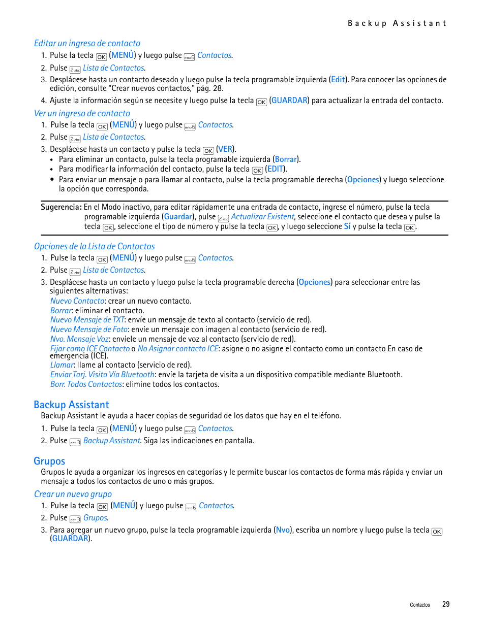 Title - editar un ingreso de contacto, Title - ver un ingreso de contacto, Title - opciones de la lista de contactos | Title - backup assistant, Title - grupos, Title - crear un nuevo grupo, Backup assistant grupos, Backup assistant, Grupos | Nokia 2705 classic User Manual | Page 83 / 108