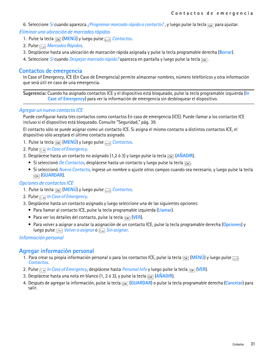 Title - eliminar una ubicación de marcados rápidos, Title - contactos de emergencia, Title - agregar un nuevo contacto ice | Title - opciones de contactos ice, Title - información personal, Contactos de emergencia, Agregar información personal | Nokia 2705 classic User Manual | Page 85 / 108