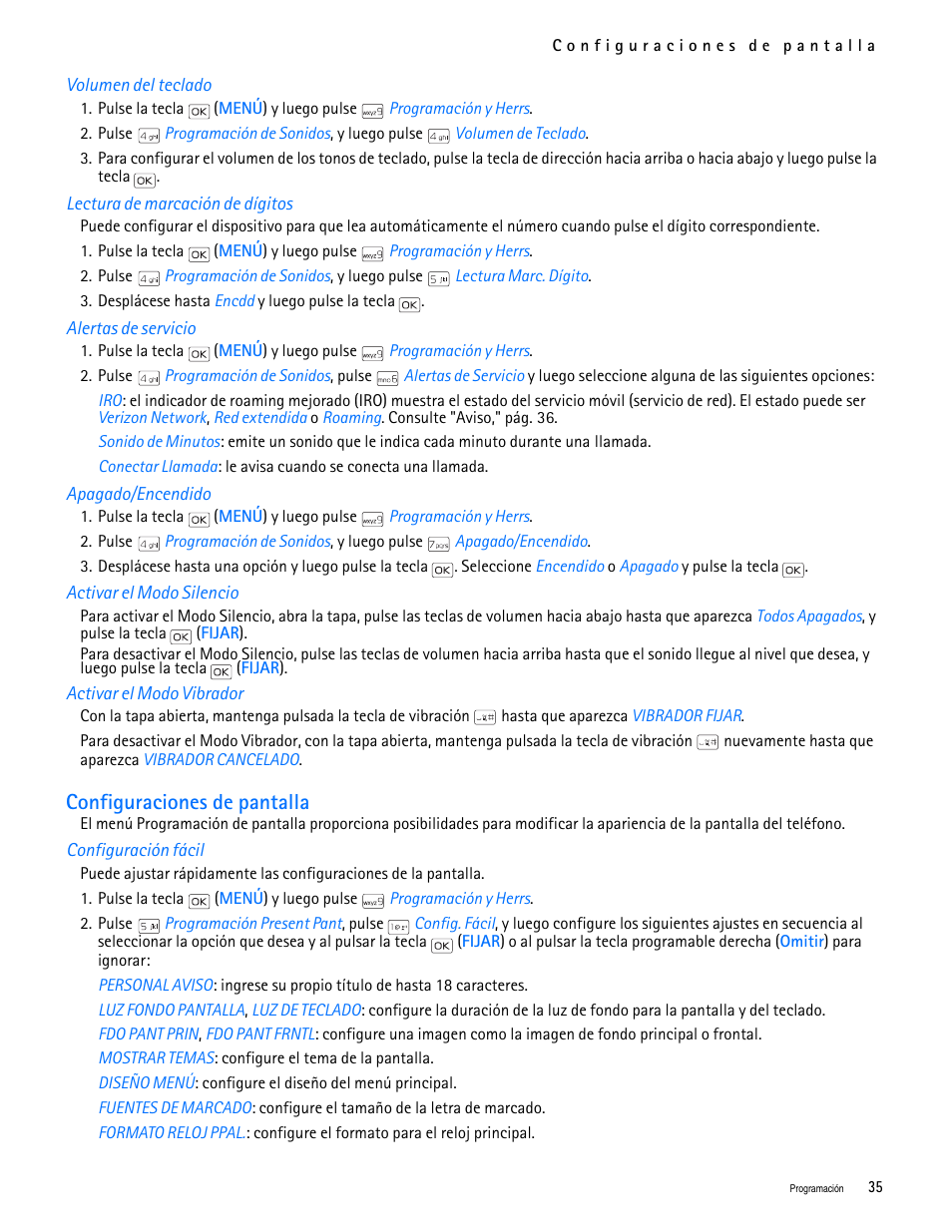 Title - volumen del teclado, Title - lectura de marcación de dígitos, Title - alertas de servicio | Title - apagado/encendido, Title - activar el modo silencio, Title - activar el modo vibrador, Title - configuraciones de pantalla, Title - configuración fácil, Configuraciones de pantalla | Nokia 2705 classic User Manual | Page 89 / 108