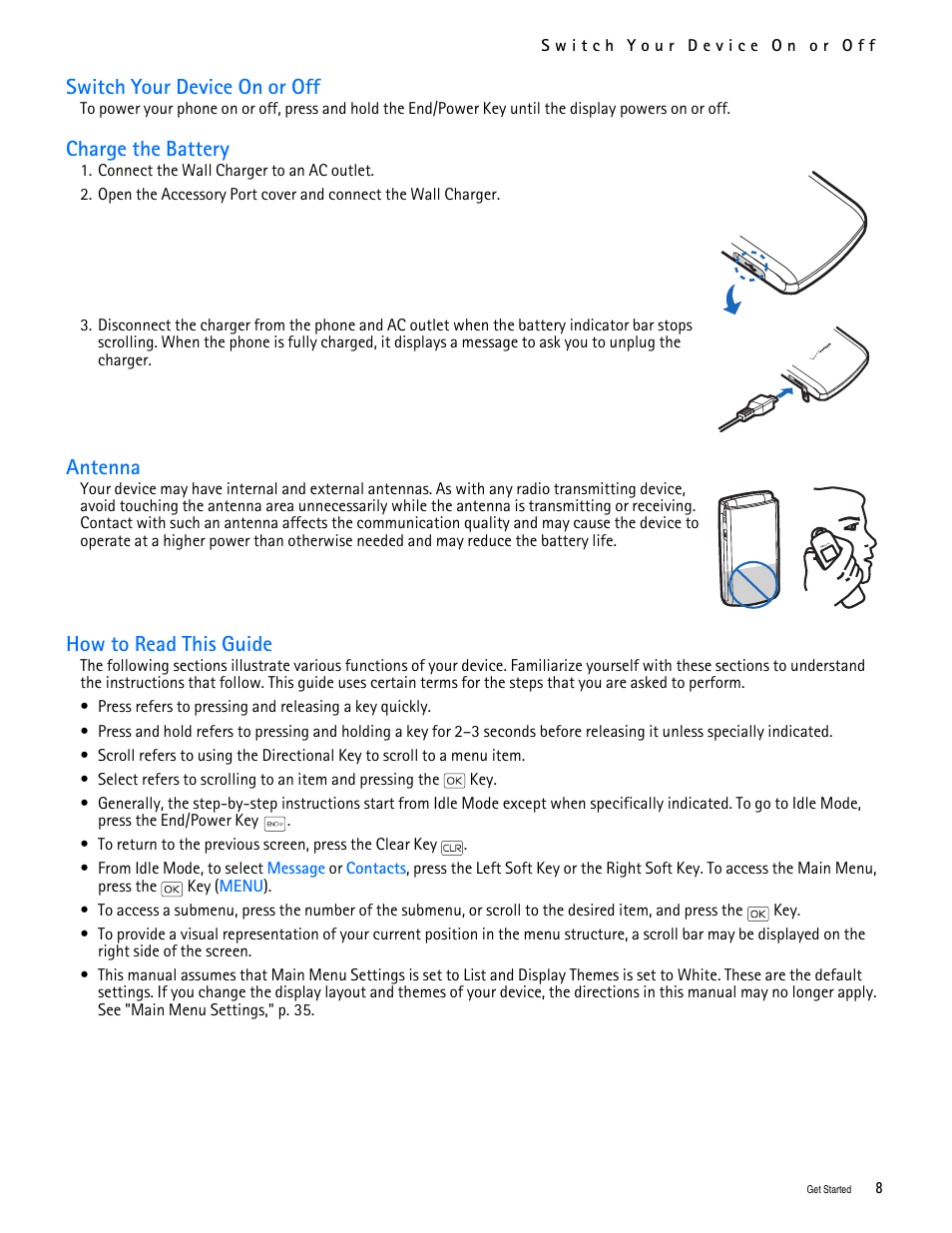 Title - switch your device on or off, Title - charge the battery, Title - antenna | Title - how to read this guide, Switch your device on or off, Charge the battery, Antenna, How to read this guide | Nokia 2705 classic User Manual | Page 9 / 108