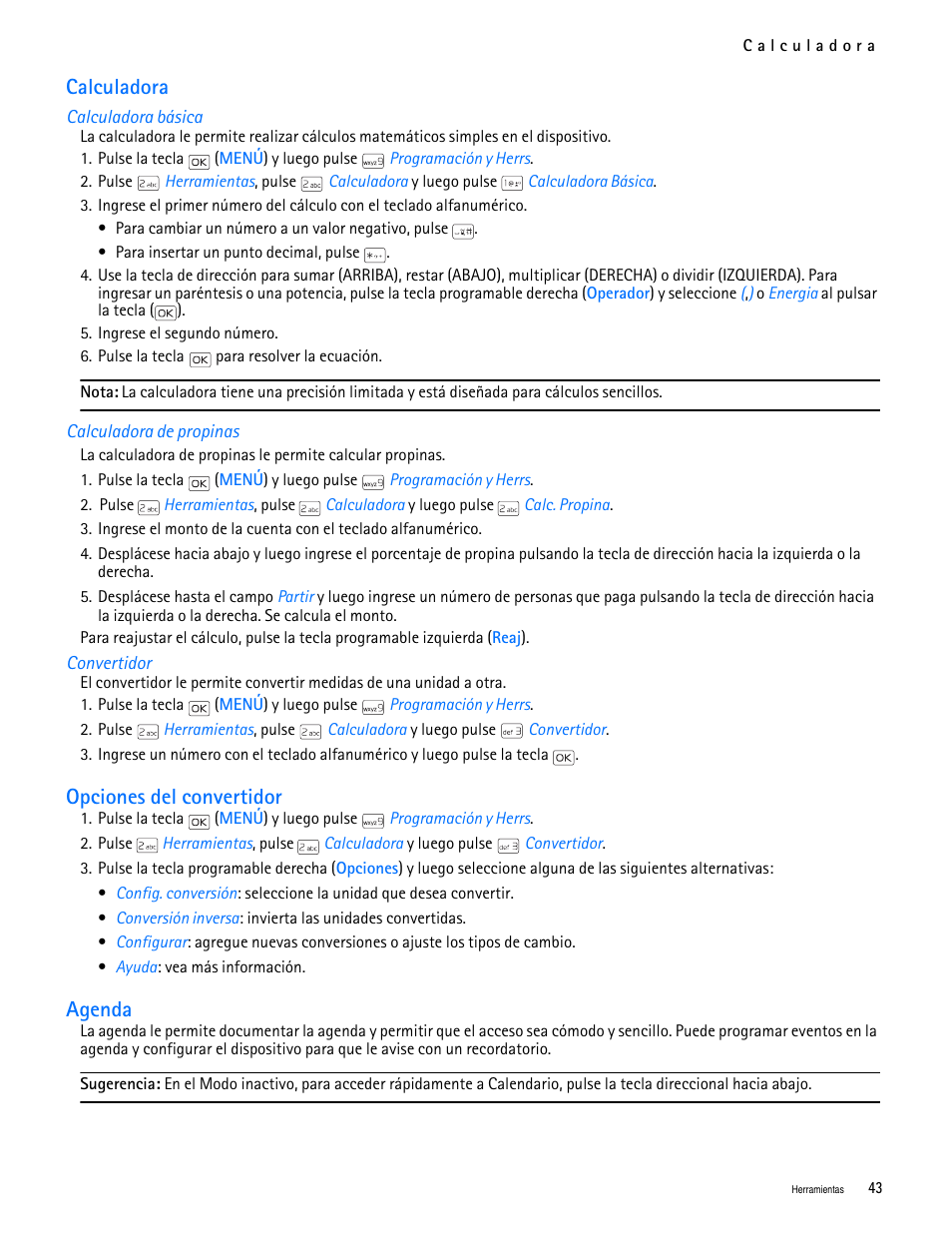 Title - calculadora, Title - calculadora básica, Title - calculadora de propinas | Title - convertidor, Title - agenda, Calculadora agenda, Calculadora, Opciones del convertidor, Agenda | Nokia 2705 classic User Manual | Page 97 / 108