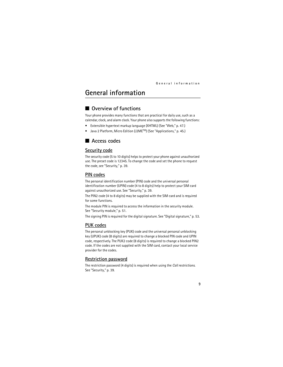 General information, Overview of functions, Accesscodes | Security code, Pin codes, Puk codes, Restriction password, Overview of functions access codes, Access codes | Nokia 6061 User Manual | Page 10 / 137
