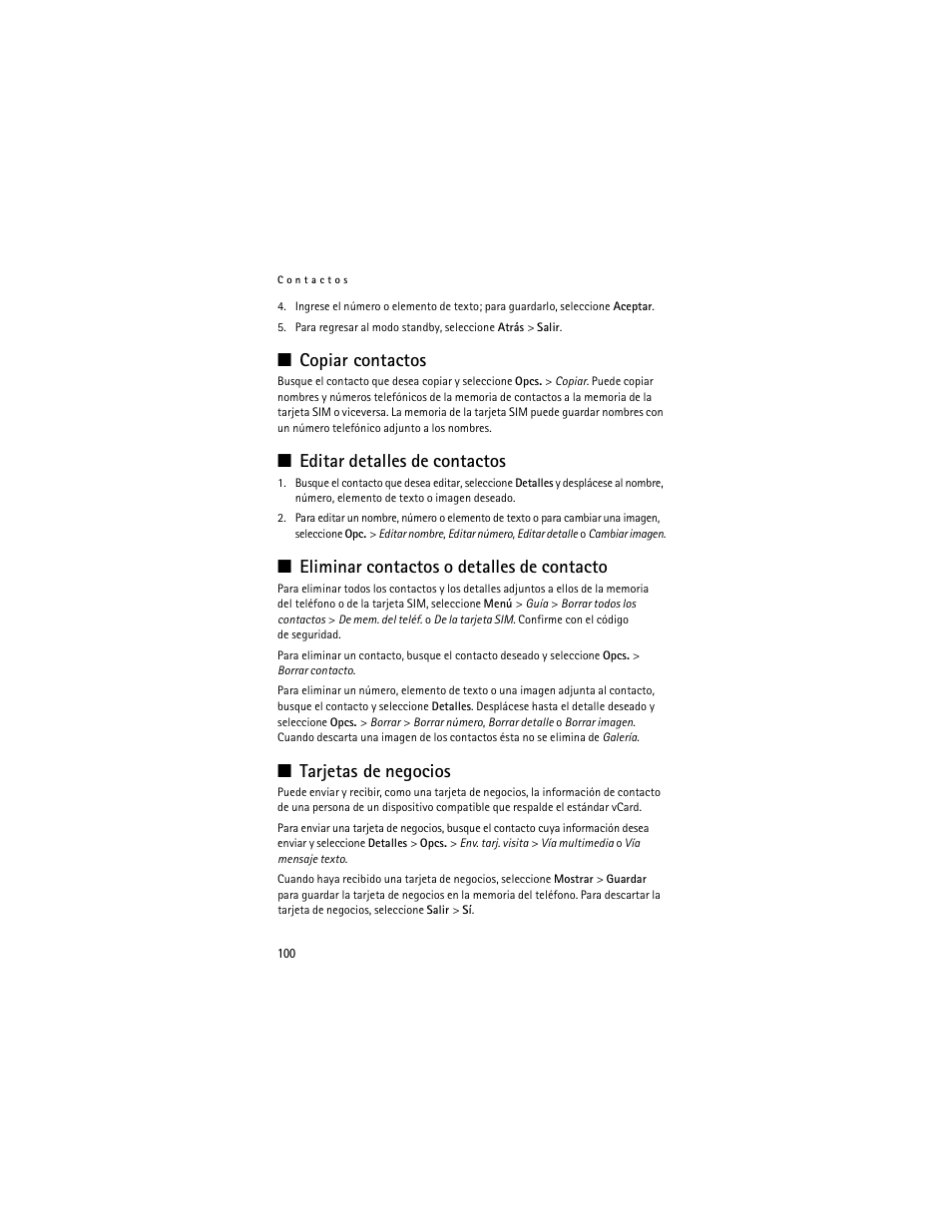 Copiarcontactos, Editar detalles de contactos, Eliminar contactos o detalles de contacto | Tarjetasde negocios, Copiar contactos, Tarjetas de negocios | Nokia 6061 User Manual | Page 101 / 137