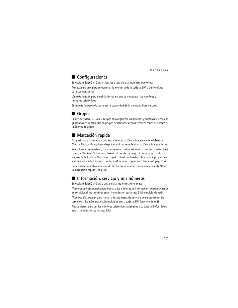 Configuraciones, Grupos, Marcaciónrápida | Información, servicio ymisnúmeros, Marcación rápida", pág. 101, Marcación rápida, Información, servicio y mis números | Nokia 6061 User Manual | Page 102 / 137