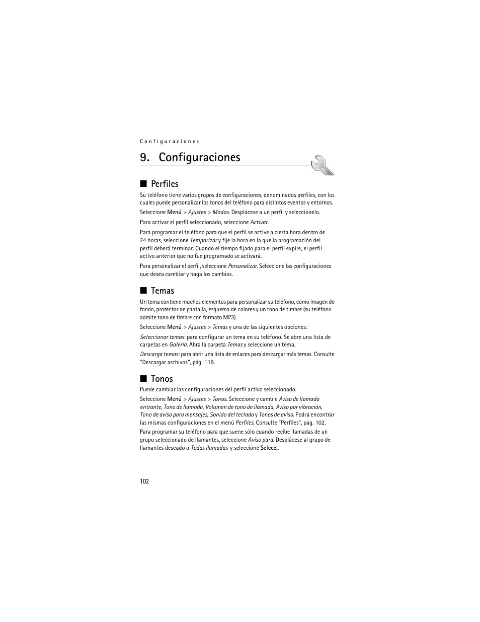 Configuraciones, Perfiles, Temas | Tonos, Perfiles temas tonos, Tonos", pág. 102 | Nokia 6061 User Manual | Page 103 / 137