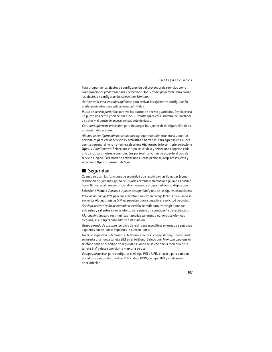 Seguridad, Seguridad", pág. 107, Seguridad", pбg. 107 | Nokia 6061 User Manual | Page 108 / 137