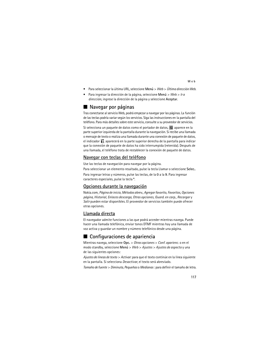 Navegar con teclas del teléfono, Opciones durante la navegación, Llamada directa | Configuraciones de apariencia, Navegar por páginas | Nokia 6061 User Manual | Page 118 / 137