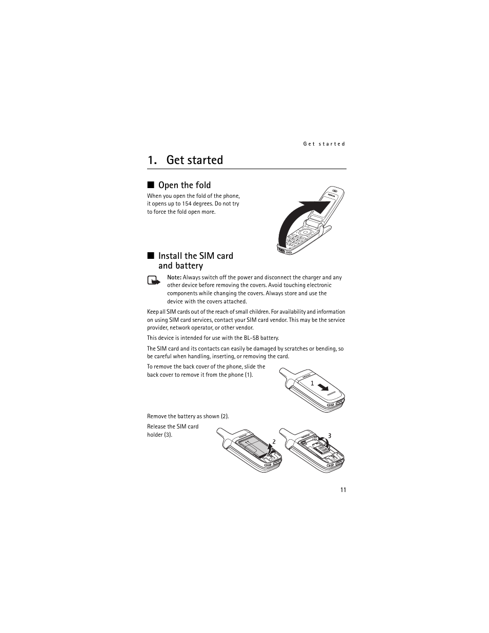 Get started, Open the fold, Install the sim card andbattery | Open the fold install the sim card and battery, Install the sim card and battery | Nokia 6061 User Manual | Page 12 / 137