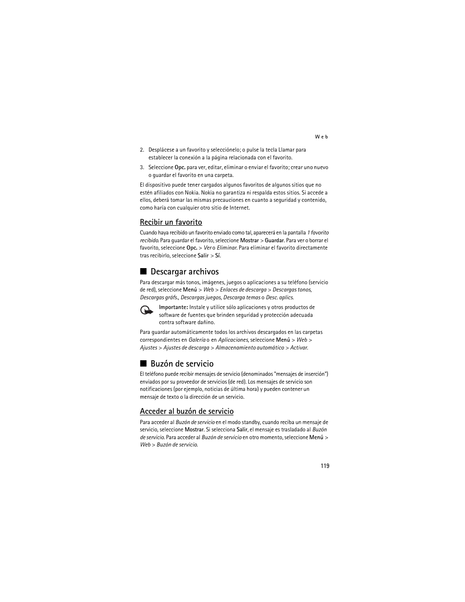 Recibir un favorito, Descargar archivos, Buzón de servicio | Acceder al buzón de servicio, Descargar archivos buzón de servicio | Nokia 6061 User Manual | Page 120 / 137