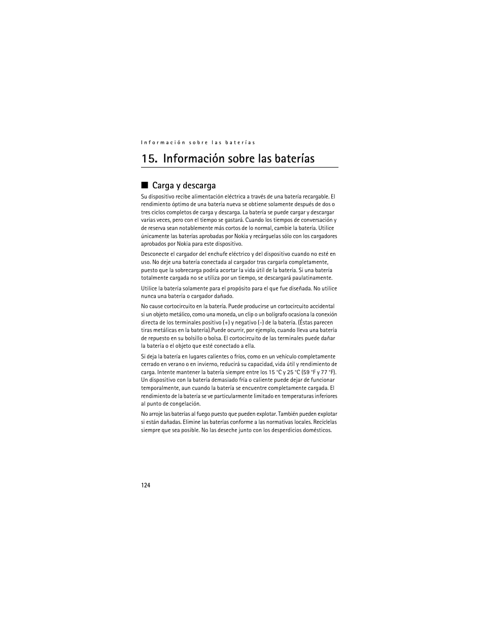 Información sobre las baterías, Carga y descarga, Información sobre | Las baterías | Nokia 6061 User Manual | Page 125 / 137