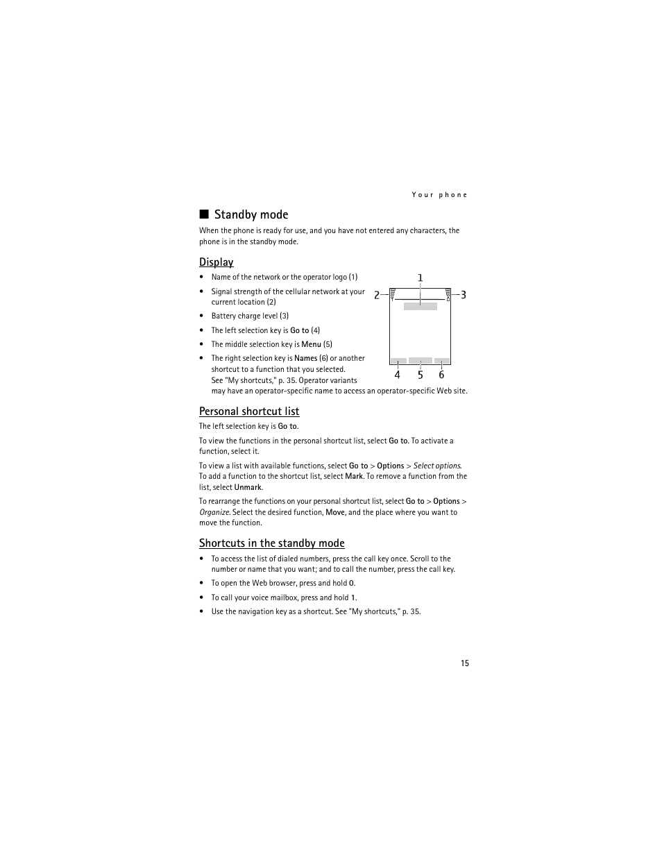 Standby mode, Display, Personal shortcut list | Shortcuts in the standby mode | Nokia 6061 User Manual | Page 16 / 137