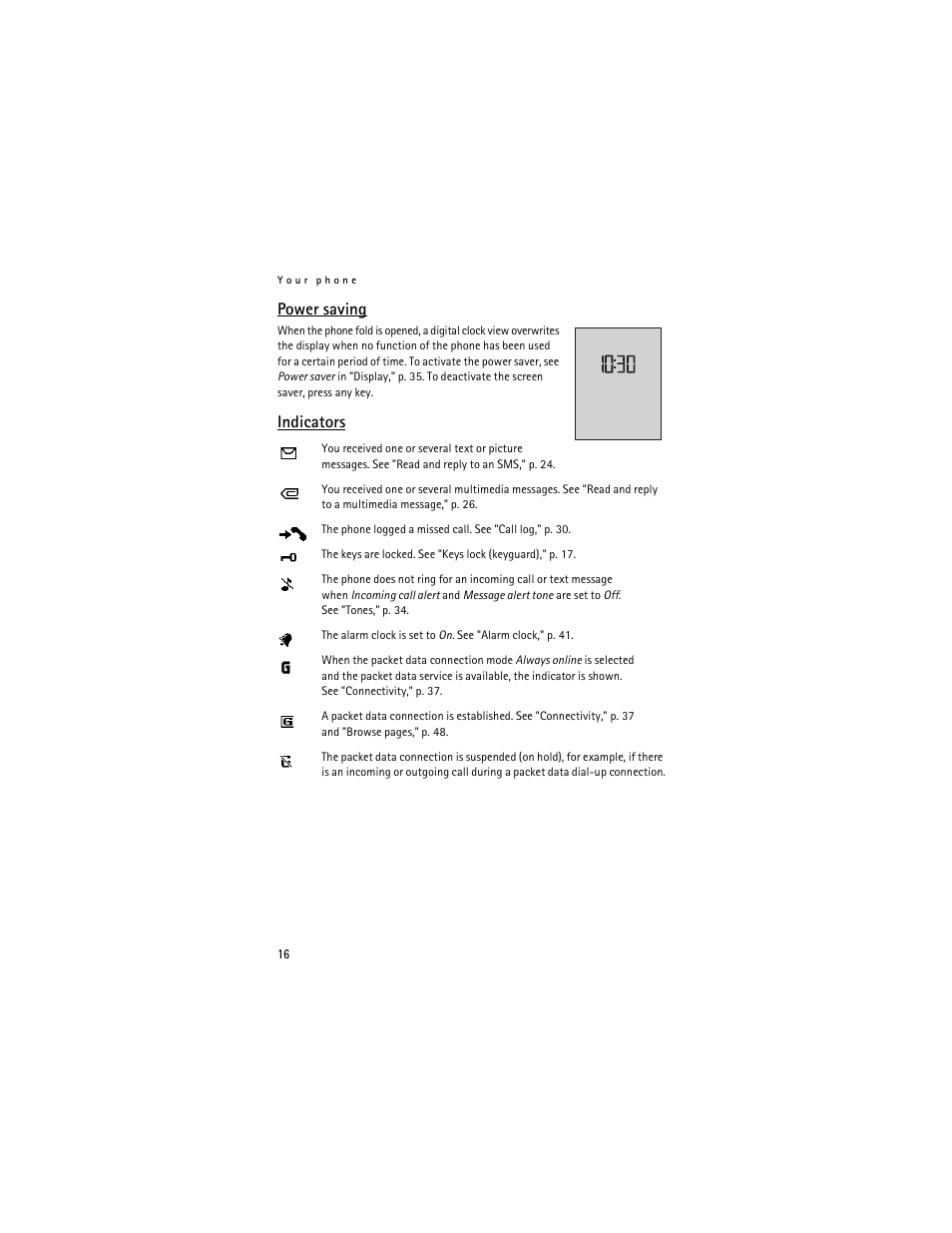 Power saving, Indicators, Power saving indicators | Nokia 6061 User Manual | Page 17 / 137