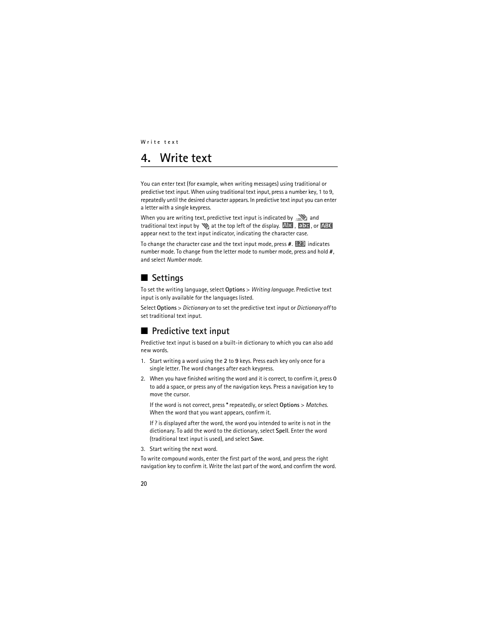 Write text, Settings, Predictive text input | Settings predictive text input | Nokia 6061 User Manual | Page 21 / 137