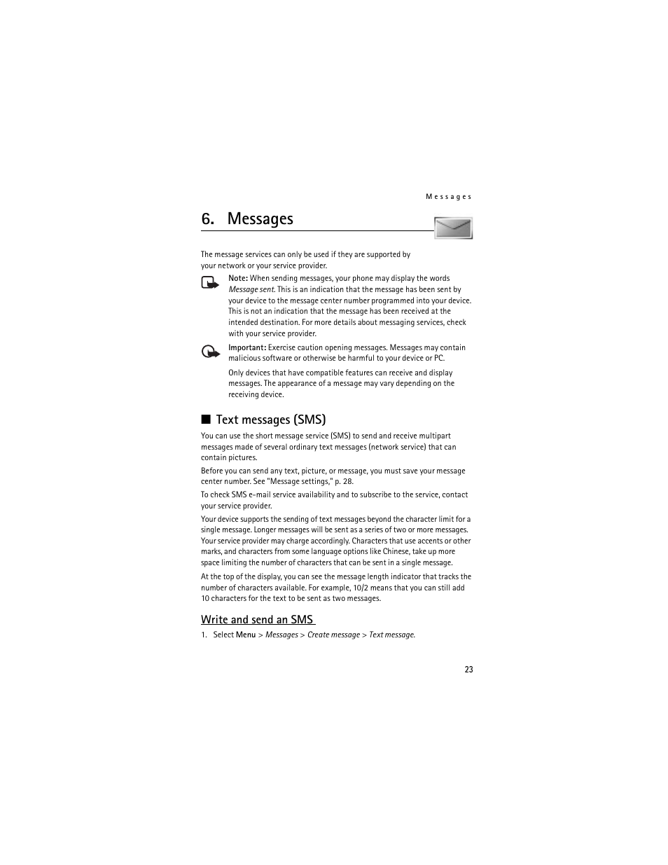 Messages, Text messages (sms), Write and send an sms | Nokia 6061 User Manual | Page 24 / 137