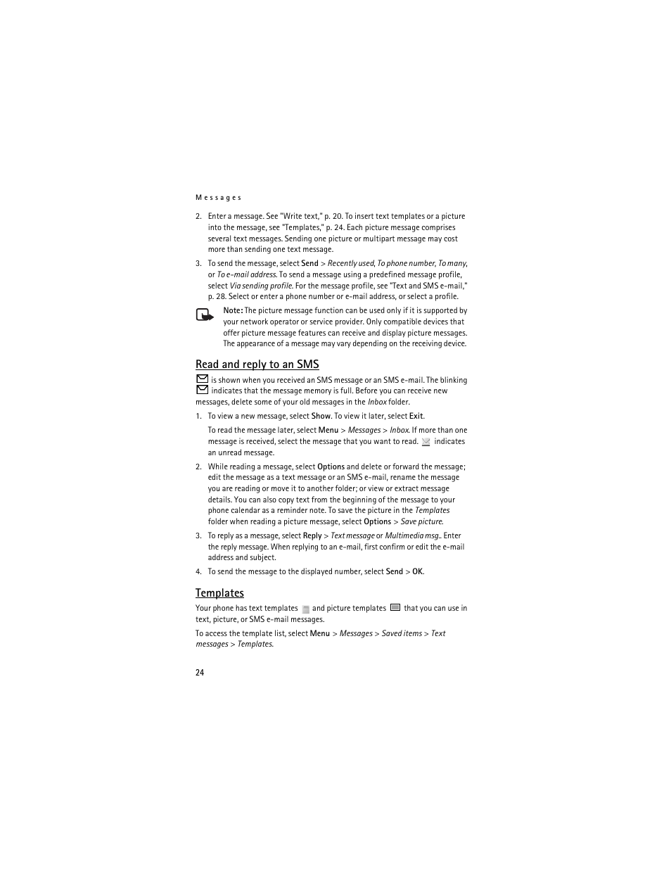 Read and reply to an sms, Templates, Read and reply to an sms templates | Read and reply to an sms," p. 24 | Nokia 6061 User Manual | Page 25 / 137
