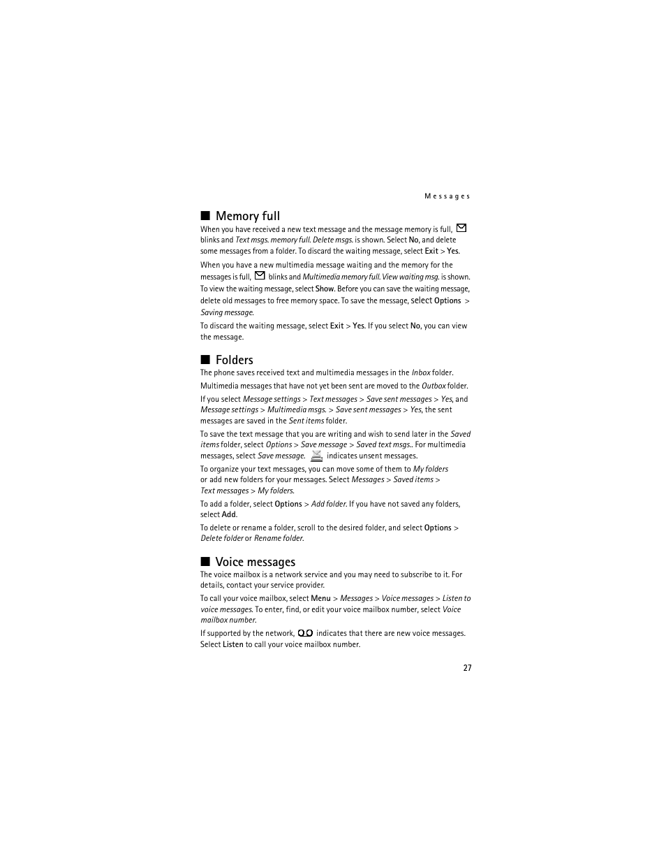Memory full, Folders, Voice messages | Memory full folders voice messages | Nokia 6061 User Manual | Page 28 / 137
