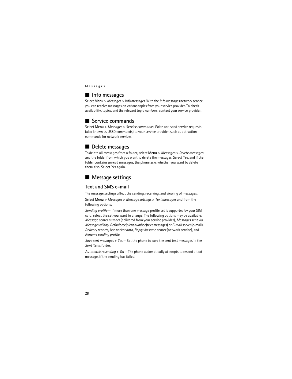 Info messages, Service commands, Delete messages | Message settings, Text and sms e-mail | Nokia 6061 User Manual | Page 29 / 137