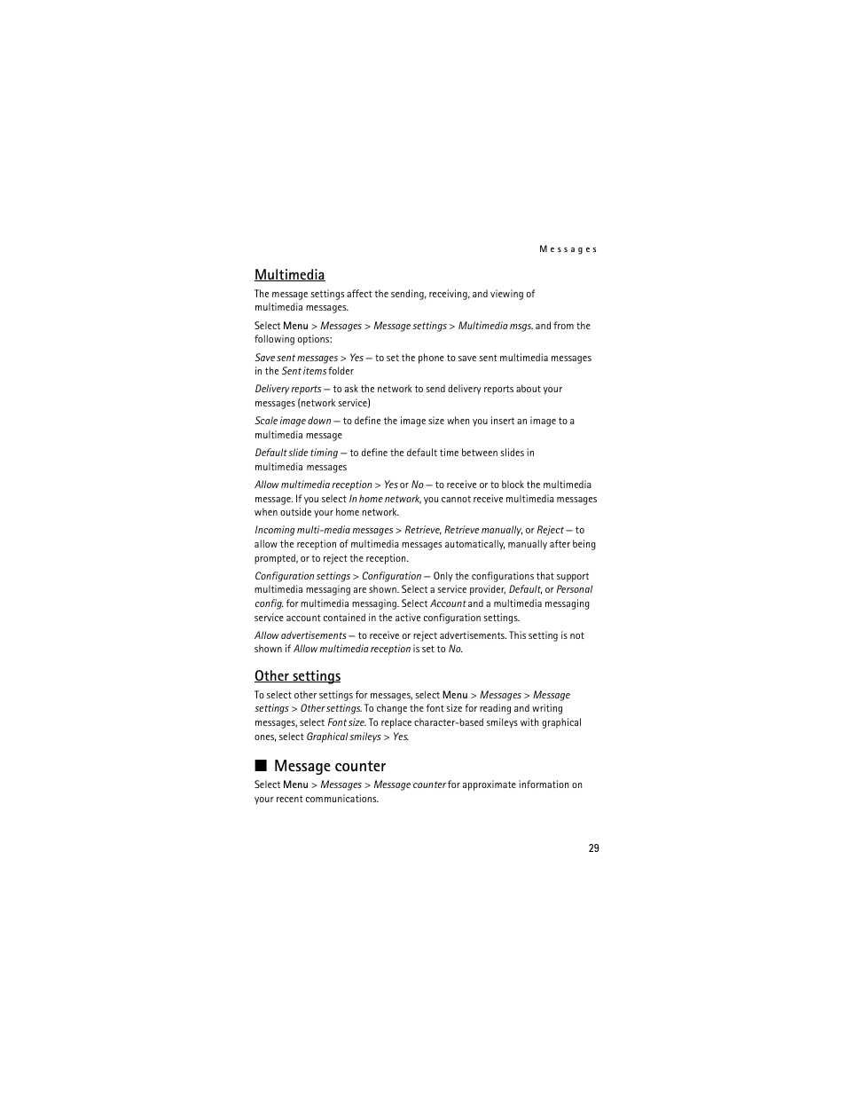 Multimedia, Other settings, Message counter | Multimedia other settings | Nokia 6061 User Manual | Page 30 / 137