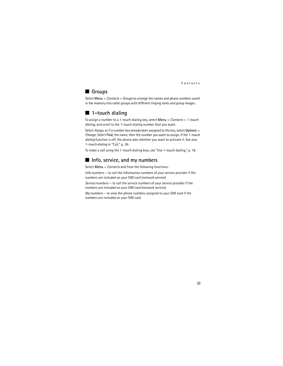 Groups, Touchdialing, Info, service, and my numbers | Touch dialing," p. 33. ca, Touch dialing | Nokia 6061 User Manual | Page 34 / 137