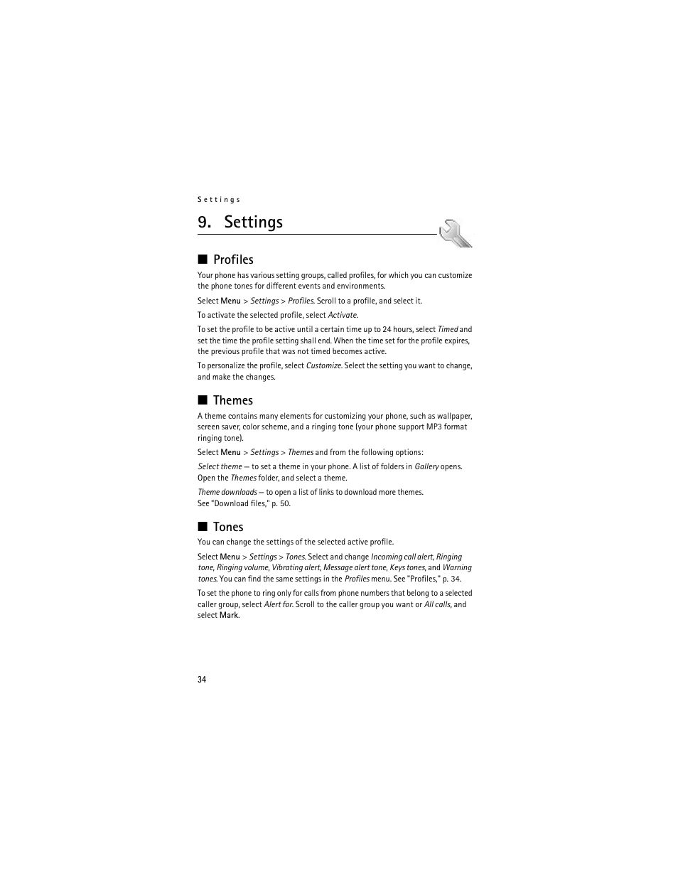 Settings, Profiles, Themes | Tones, Profiles themes tones, Ee "tones," p. 34 | Nokia 6061 User Manual | Page 35 / 137