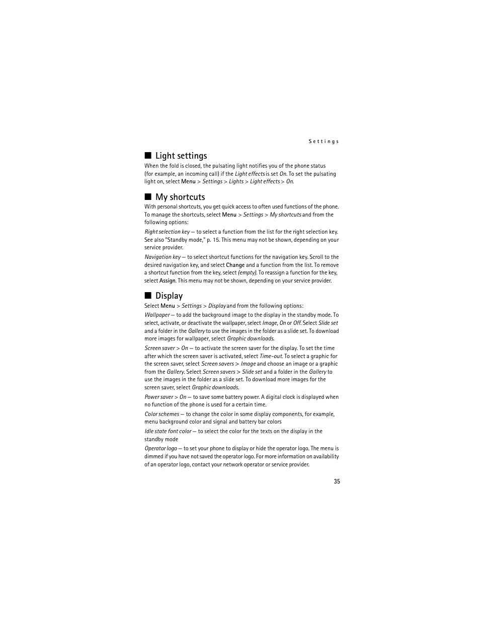 Light settings, My shortcuts, Display | Light settings my shortcuts display, In "display," p. 35 | Nokia 6061 User Manual | Page 36 / 137