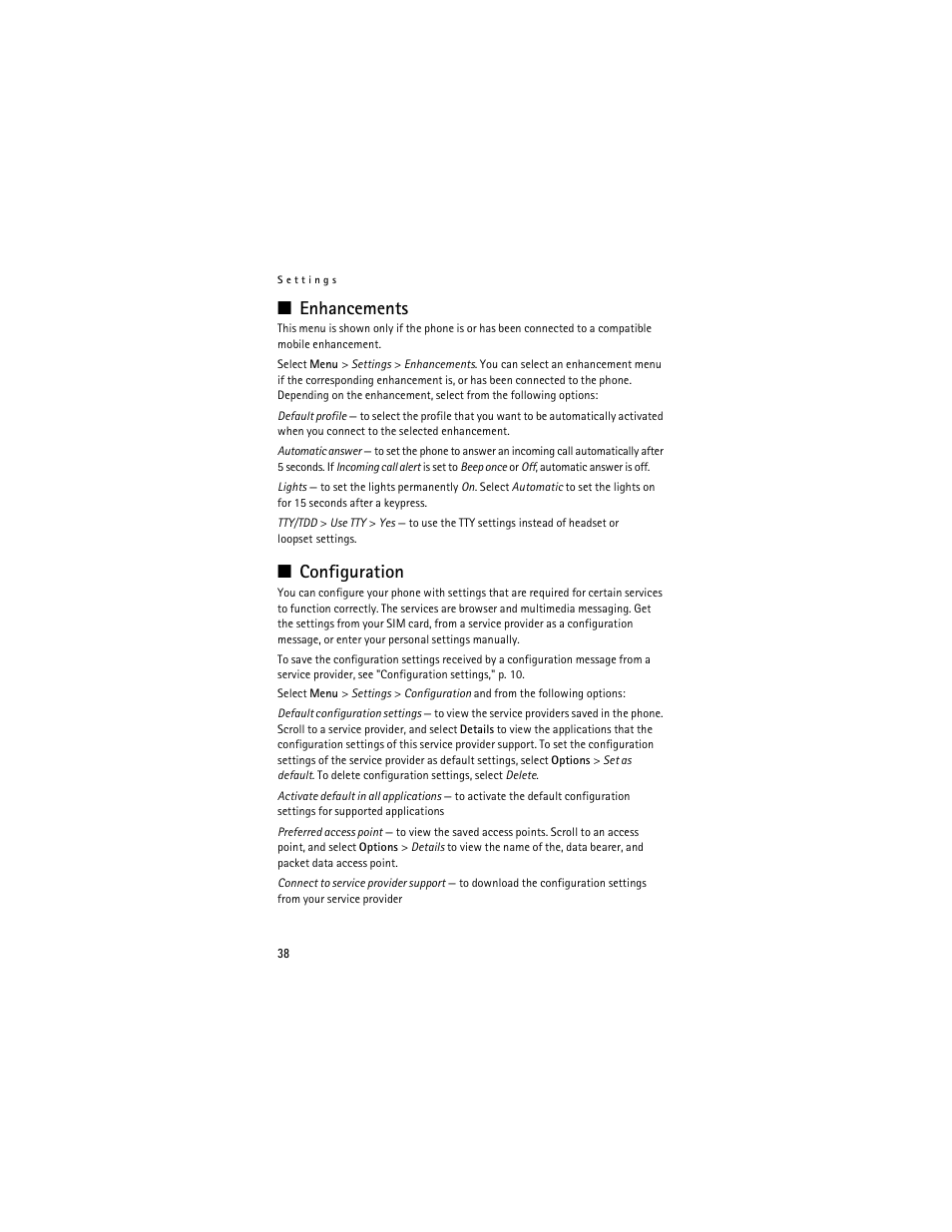 Enhancements, Configuration, Enhancements configuration | Nokia 6061 User Manual | Page 39 / 137