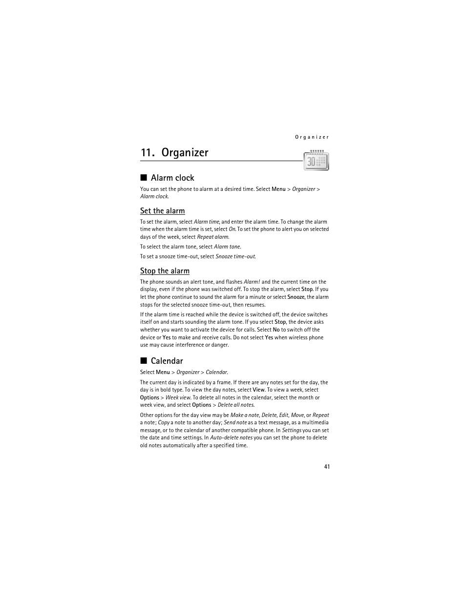 Organizer, Alarm clock, Set the alarm | Stop the alarm, Calendar, Set the alarm stop the alarm, Alarm clock," p. 41 | Nokia 6061 User Manual | Page 42 / 137