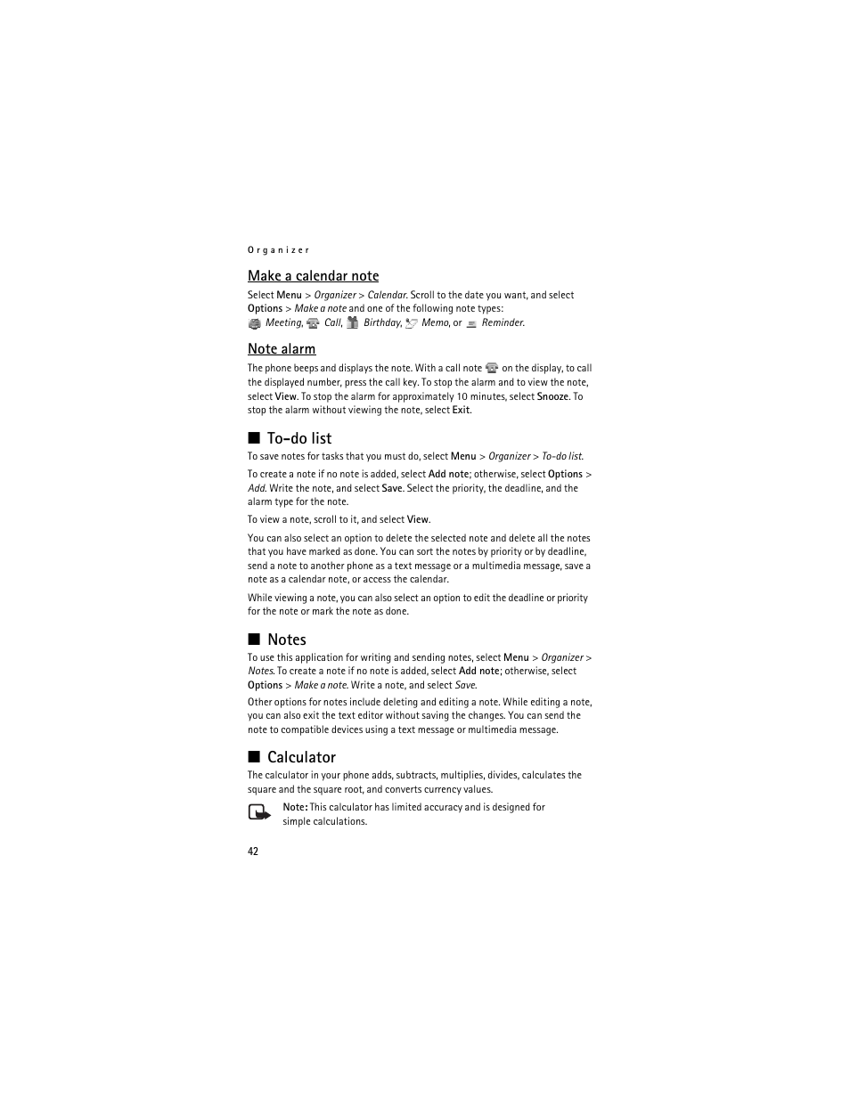 Make a calendar note, Note alarm, To-do list | Notes, Calculator, Make a calendar note note alarm, To-do list notes calculator | Nokia 6061 User Manual | Page 43 / 137