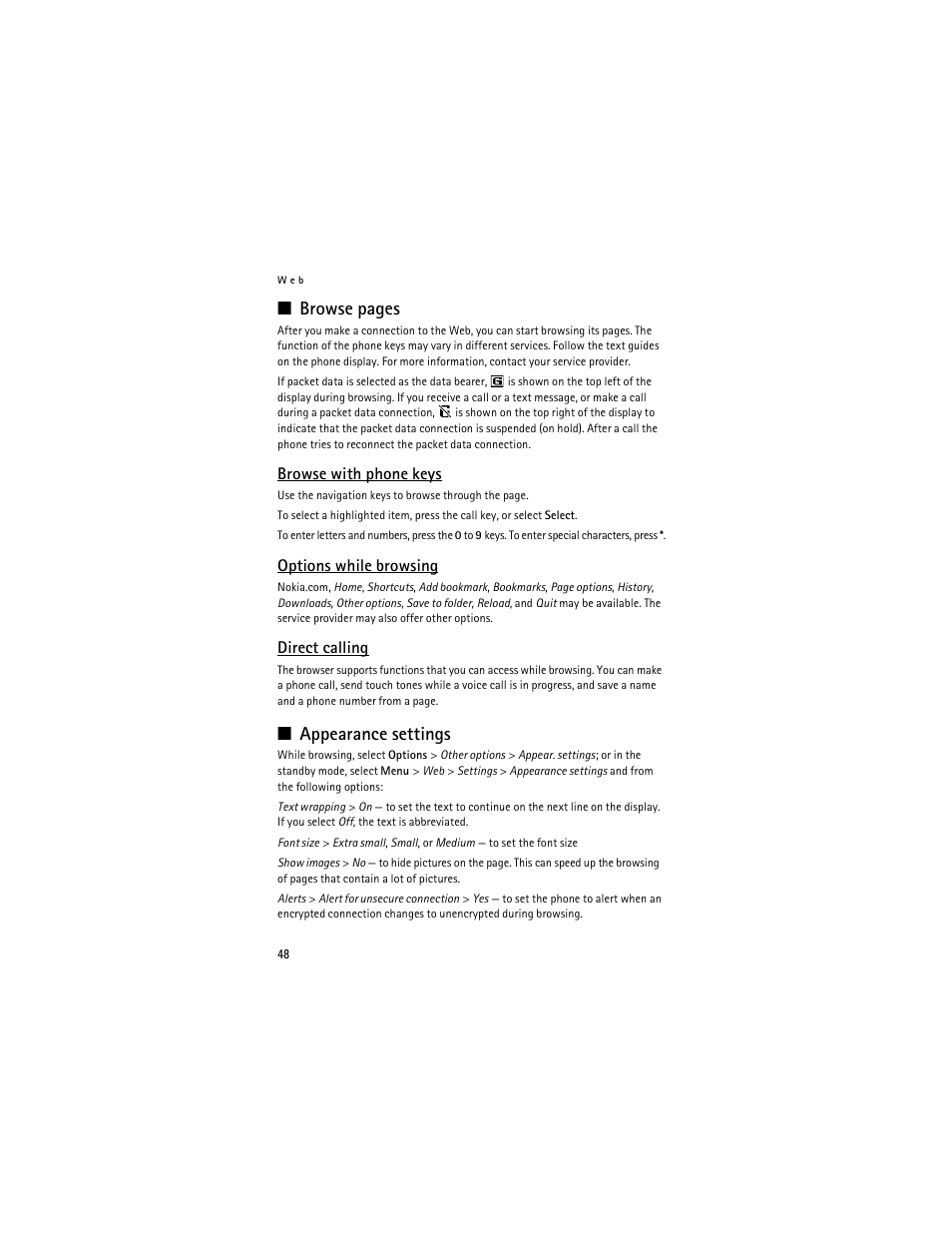Browse with phone keys, Options while browsing, Direct calling | Appearance settings, Browse pages | Nokia 6061 User Manual | Page 49 / 137
