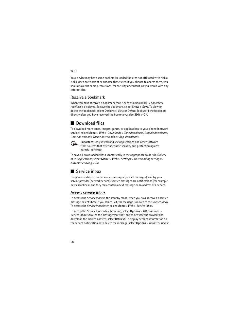 Receive a bookmark, Download files, Service inbox | Access service inbox, Download files service inbox | Nokia 6061 User Manual | Page 51 / 137