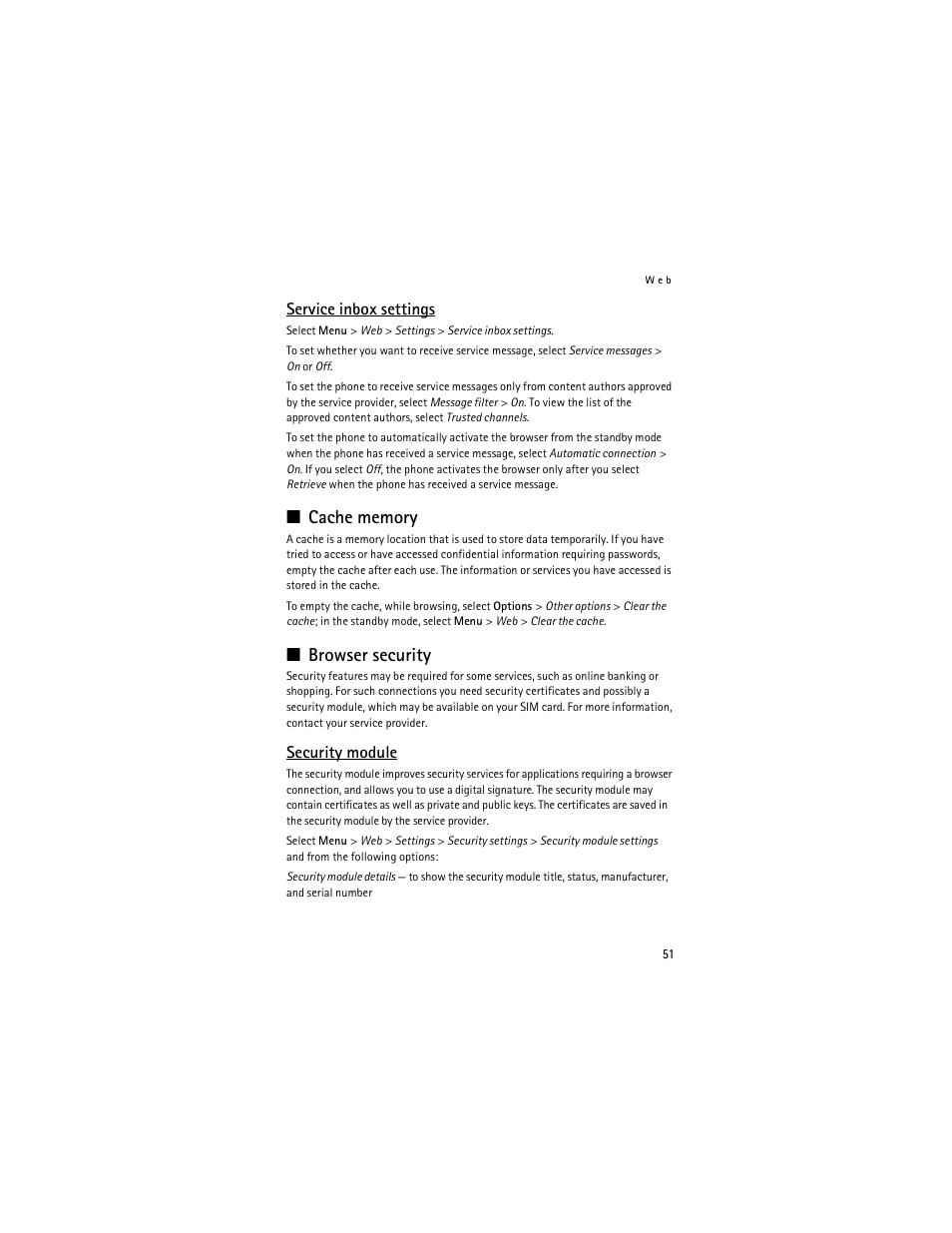 Service inbox settings, Cache memory, Browser security | Security module, Cache memory browser security, Security module," p. 51 | Nokia 6061 User Manual | Page 52 / 137
