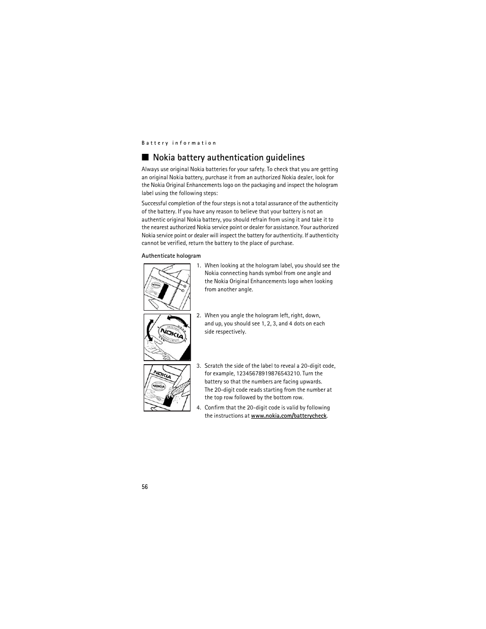 Nokia battery authentication guidelines | Nokia 6061 User Manual | Page 57 / 137
