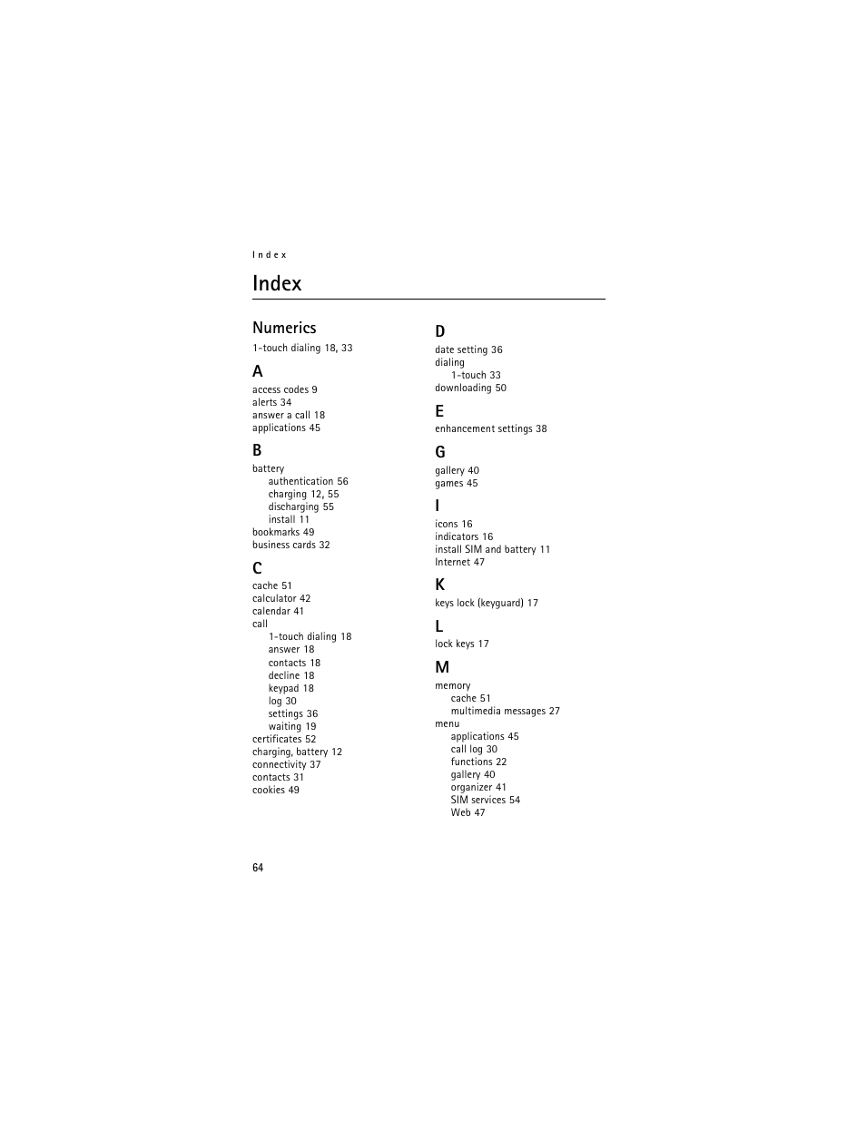 Index, Numerics | Nokia 6061 User Manual | Page 65 / 137